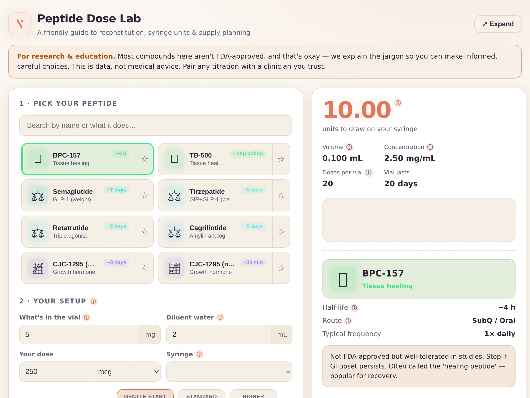 A frame from Peptide Dose Lab