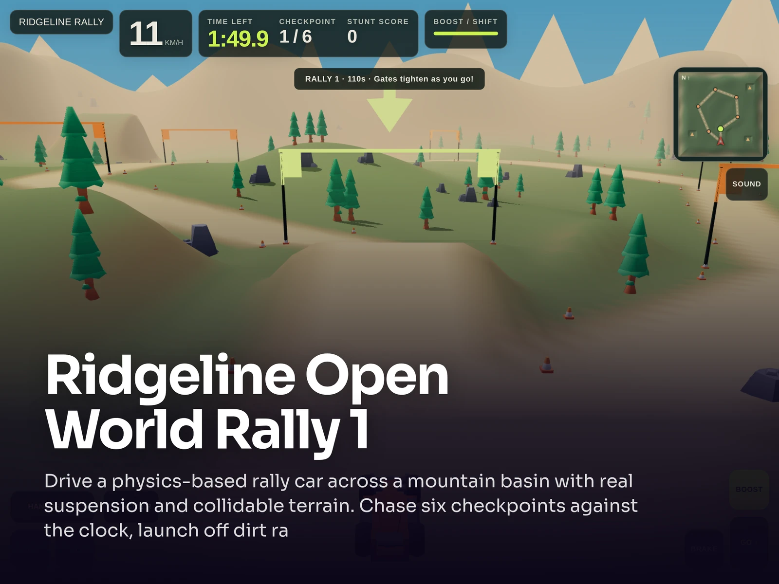 A frame from Ridgeline Open World Rally