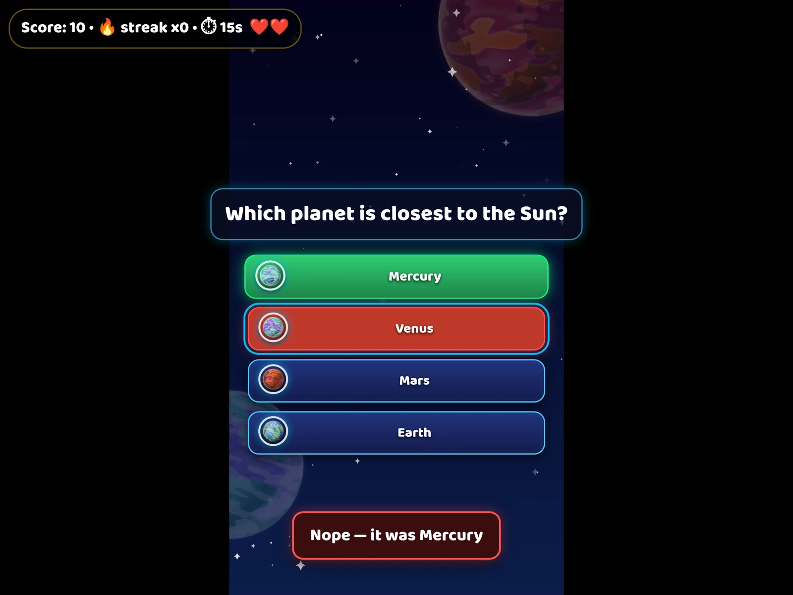 A frame from Cosmic Quiz Space Game